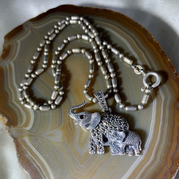 sterling Jewelry - STERLING SILVER ELEPHANTS WITH MARCASITES PENDANT VINTAGE NECKLACE